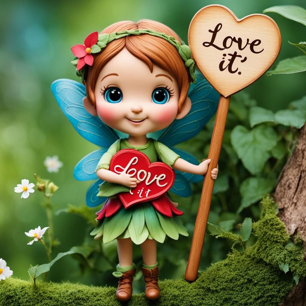 Cute Fairy Holds a Sign Saying "Love it!"
