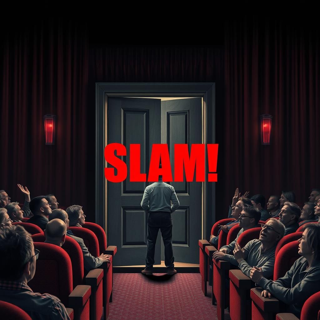 Surreal Movie Theater Scene with Slamming Door