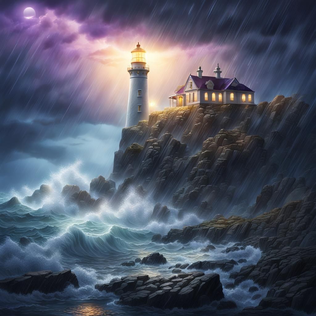 Majestic Lighthouse Shines in Stormy Fantasy Art