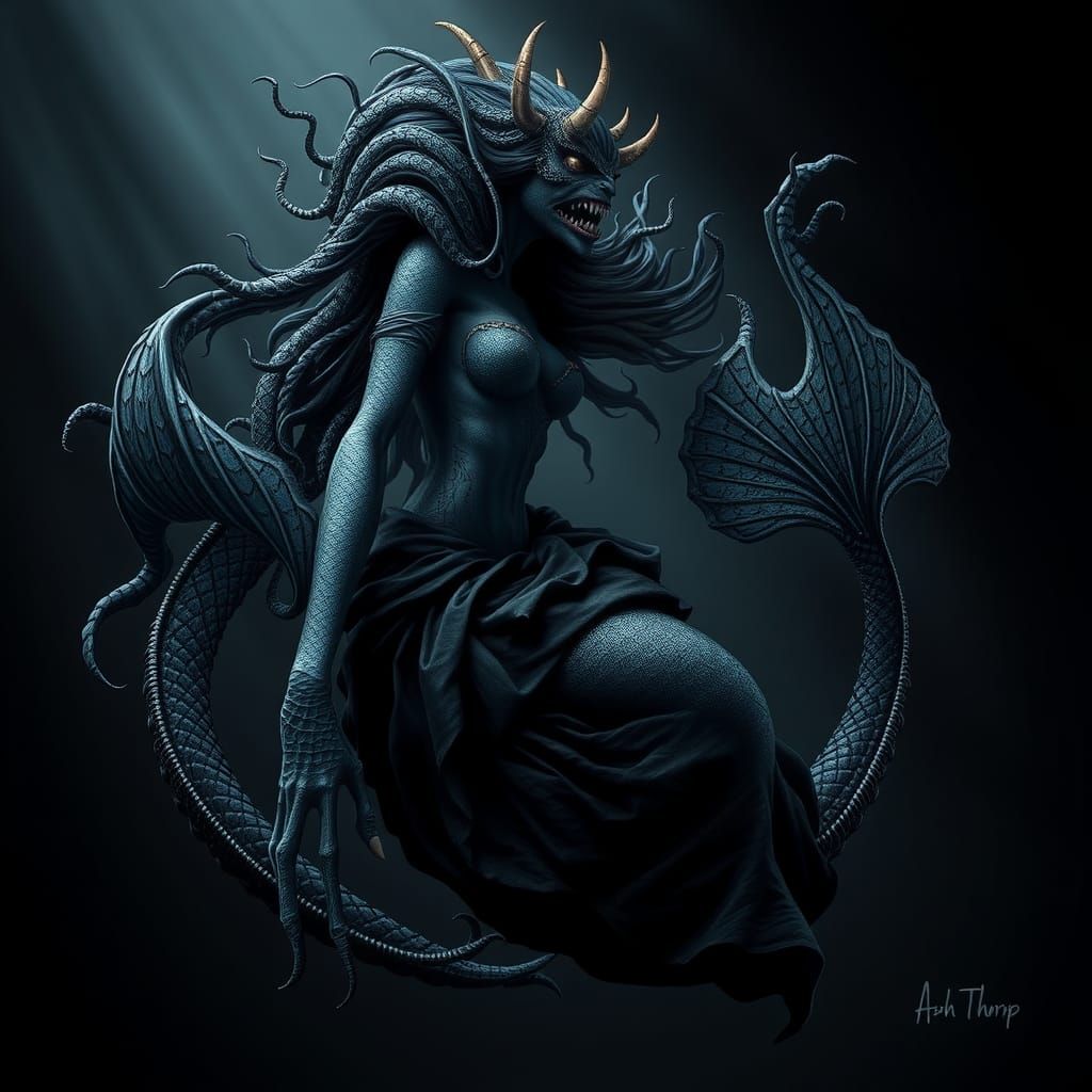Terrifying Mermaid Queen in Ominous Horror Style