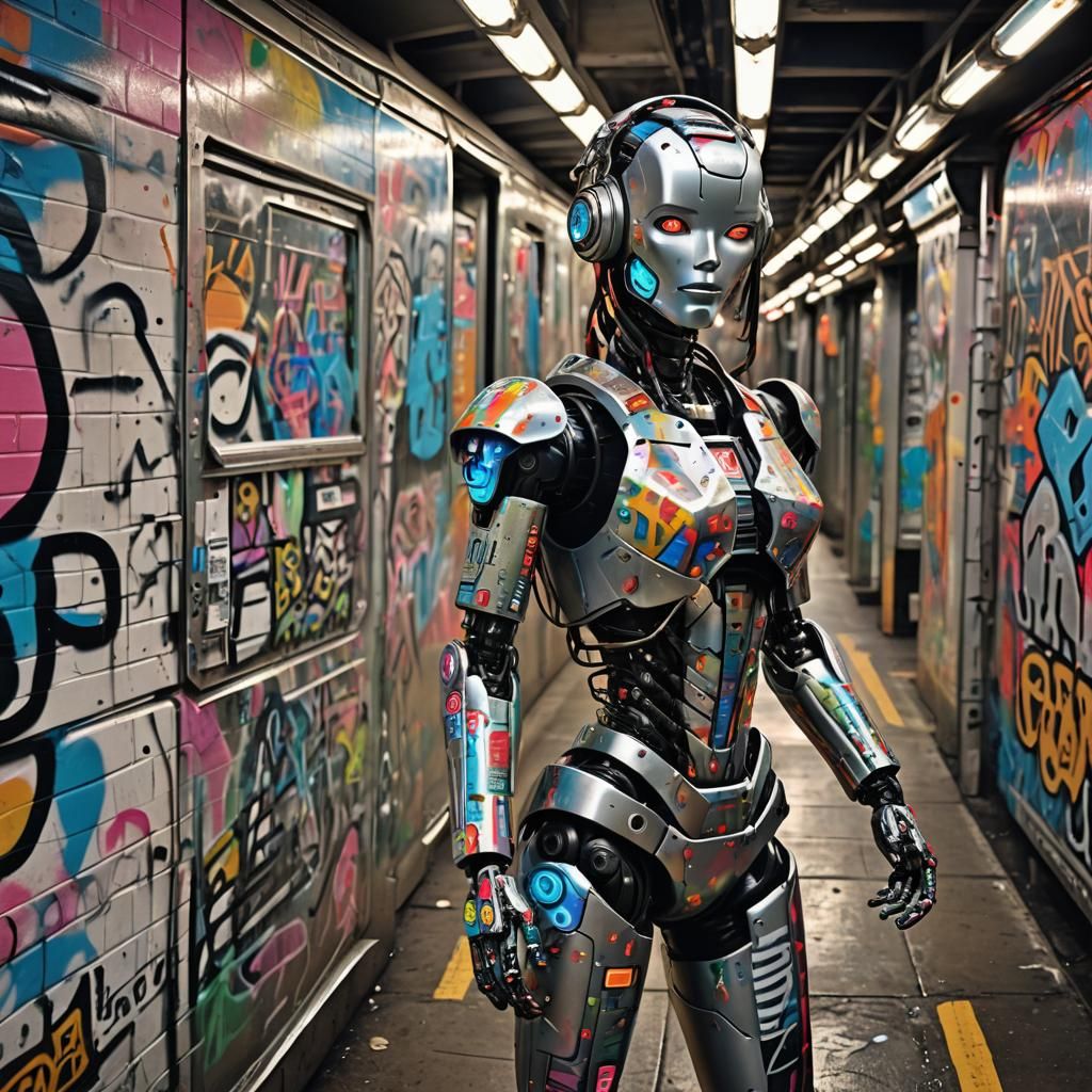 Robot Graffiti Artist in Bronx Subway, Cyberpunk Style