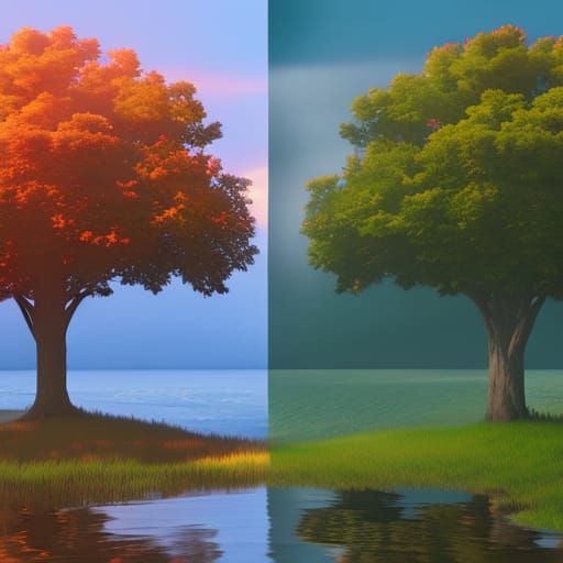 Tree in Split Season: Autumn and Spring Matte Painting