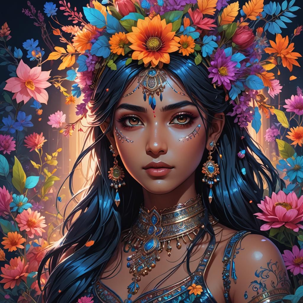 Beautiful Indian Girl with Flowers in Gothic Art Style