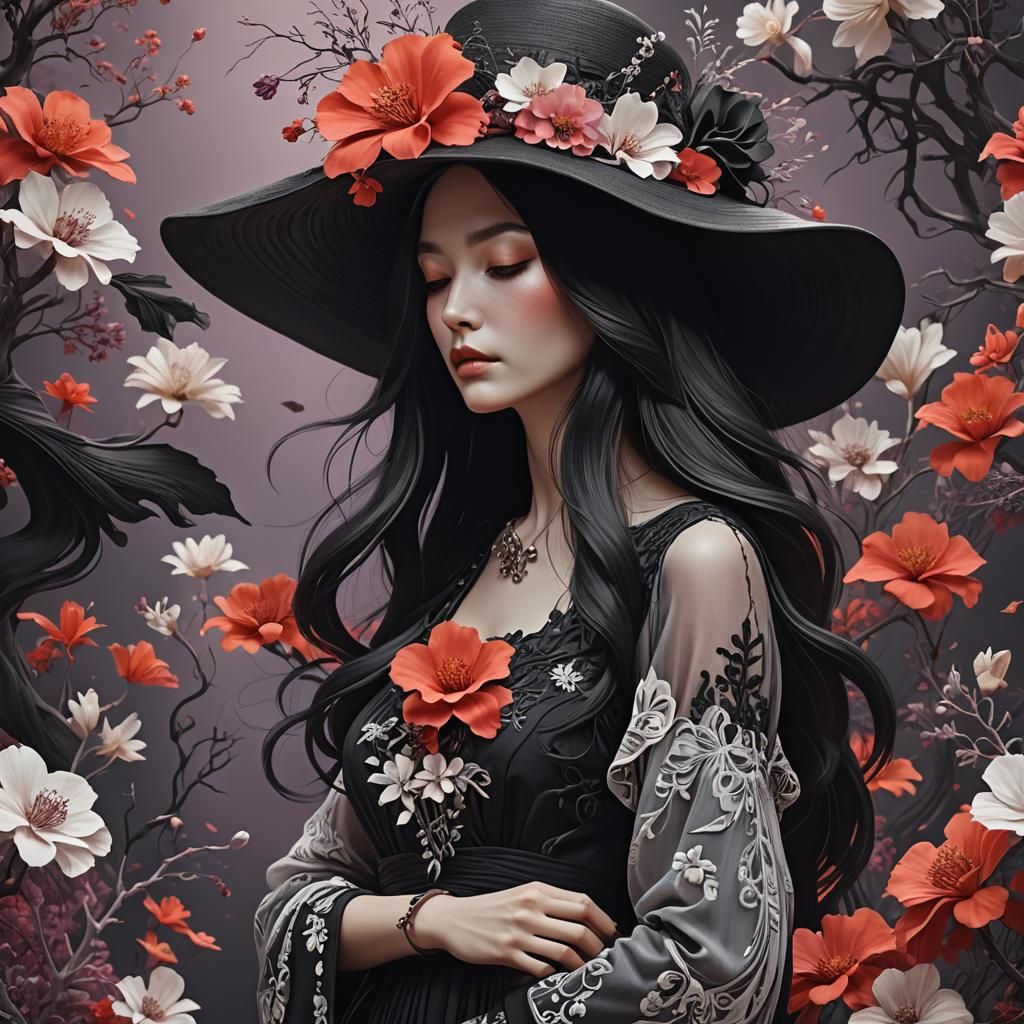 Woman in Floppy Hat Against Coral Backdrop