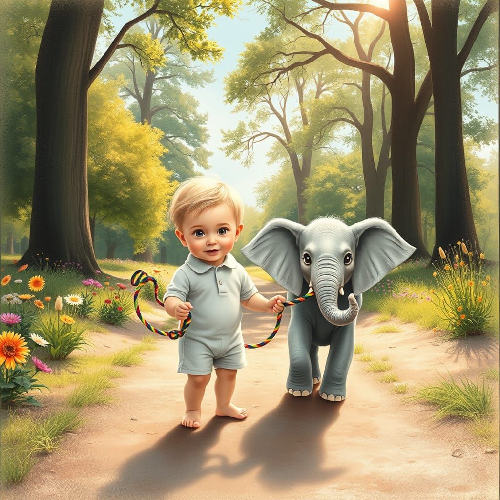 Surreal Whimsy: Barefoot Baby and Elephant Play in a Lush Pa...