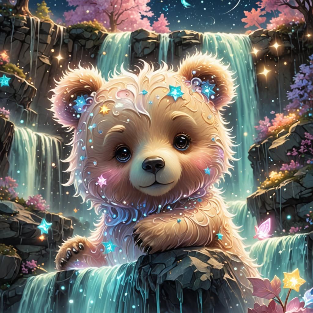 Whimsical Chibi Bear Constellation on Bioluminescent Waterfa...