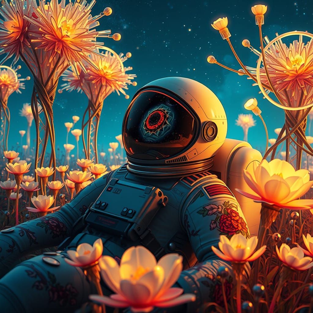 Cosmic Dreamer in a Vibrant Floral Oasis