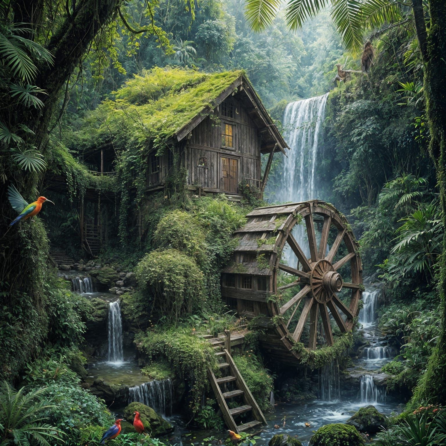 Ancient Wooden Wheel in a Lush Rainforest Scene