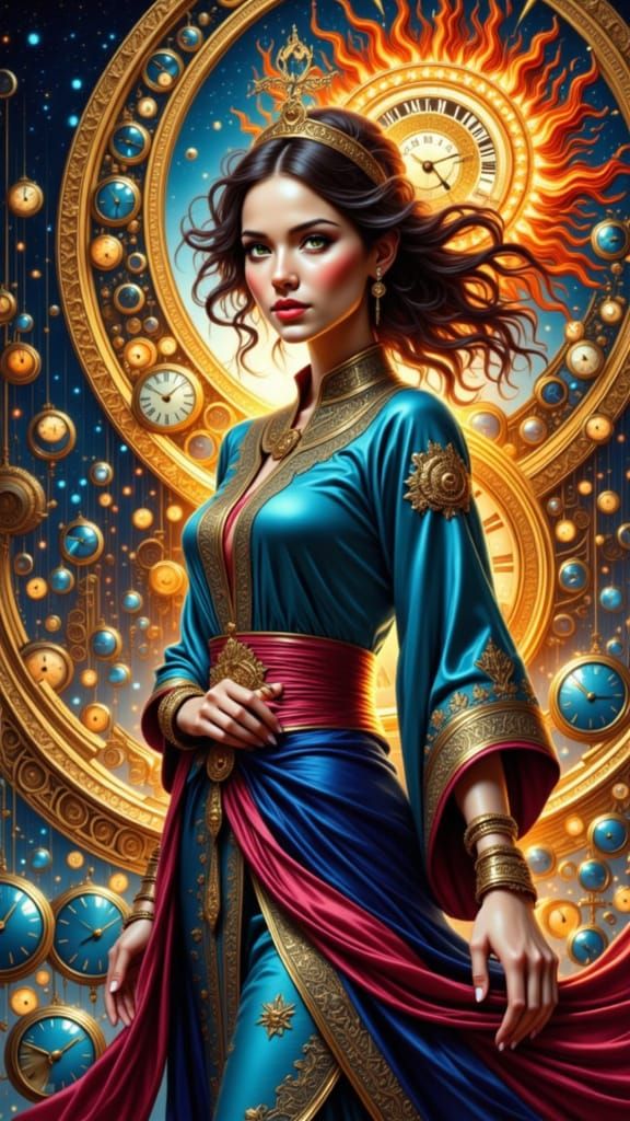 Sun Goddess with Time Clocks, Detailed Painting