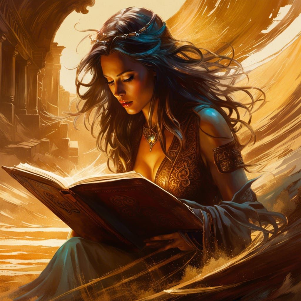 Enchantress Studying Spell Book in Digital Art Style