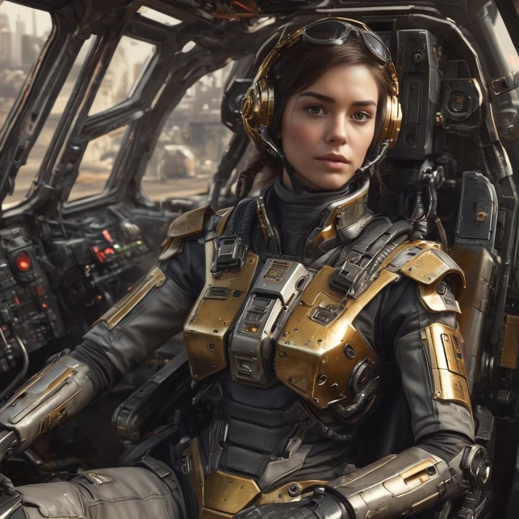 Gritty Female Mech Pilot in Cyberpunk Mecha Cockpit