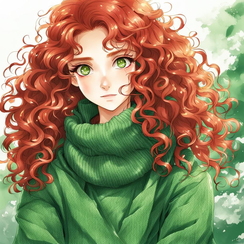 Beautiful Girl with Red Hair in Anime Style