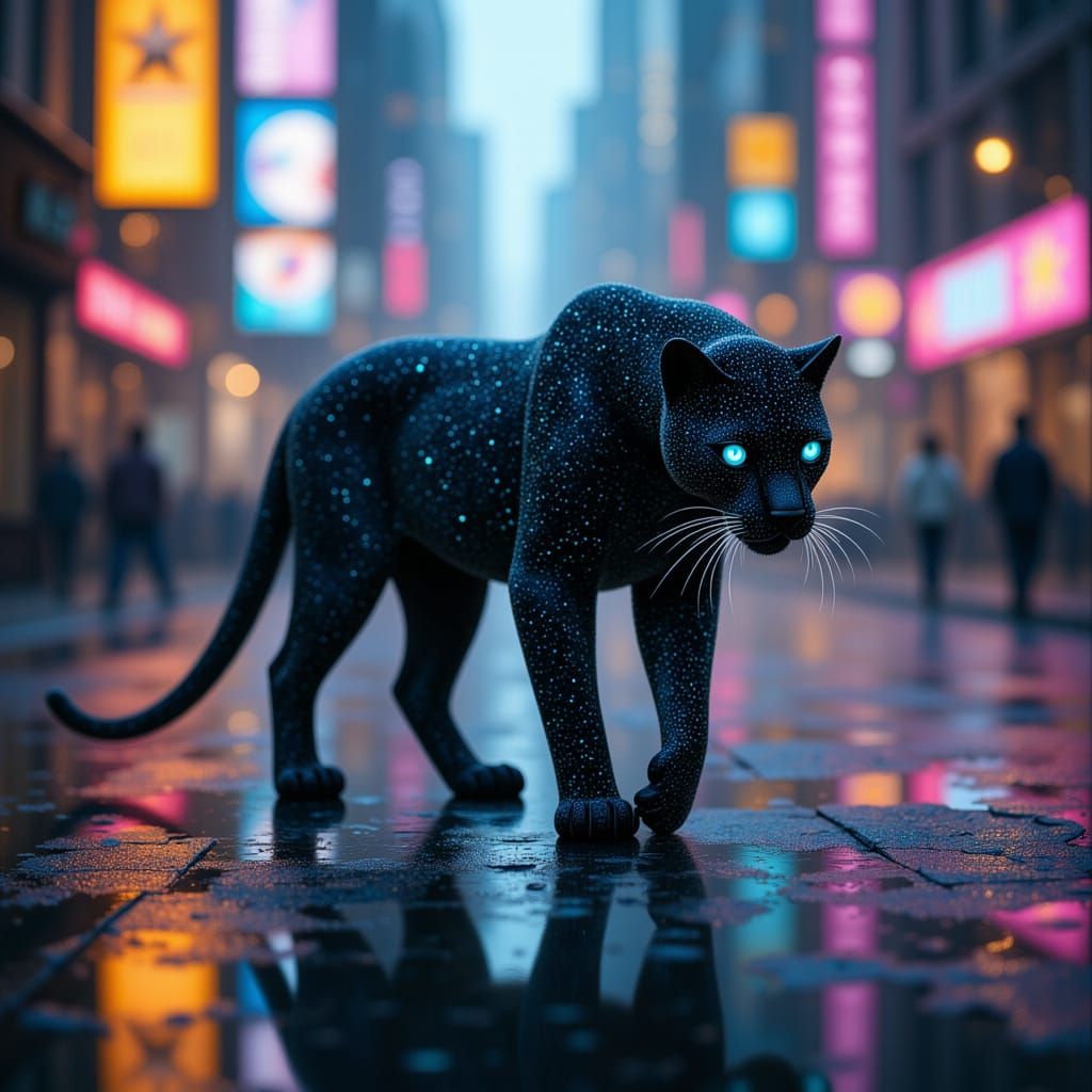 Cyberpunk Panther in Neon Cityscape