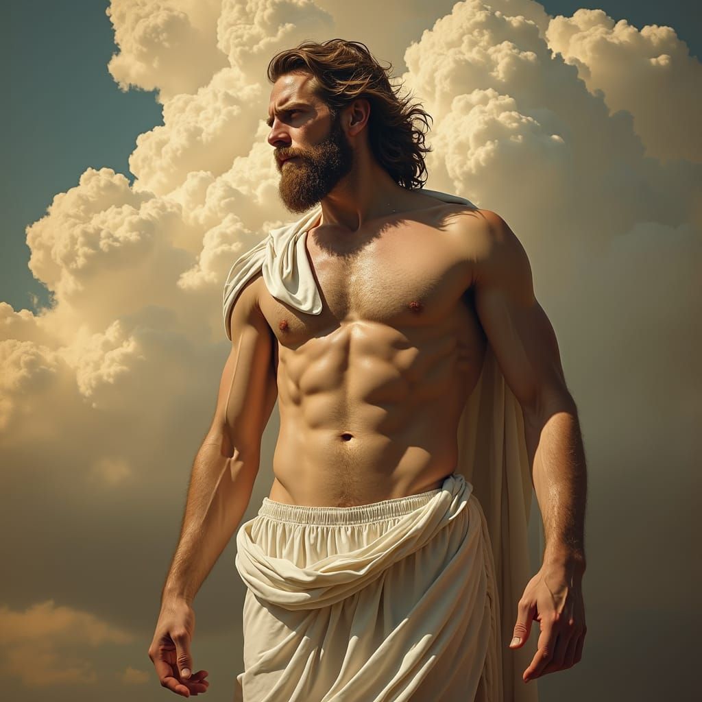 Surreal Zeus with Feminine Torso in Golden Olympus