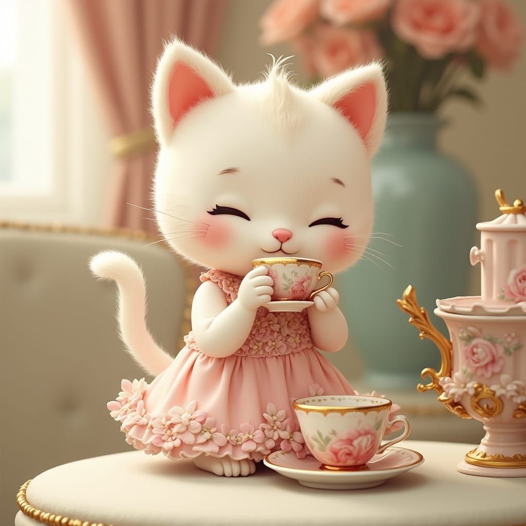 Kawaii Cat's Whimsical Tea Party at the Ritz