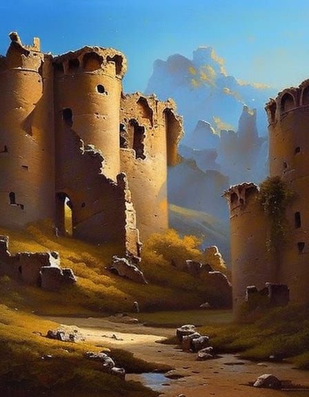 Medieval Castle Ruins in Oil Painting Style