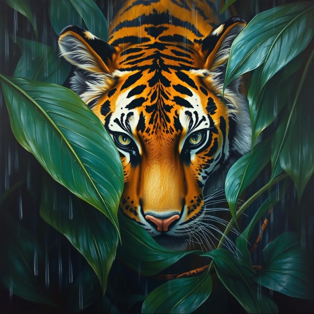Tiger Creeping Through Jungle: Oil Painting