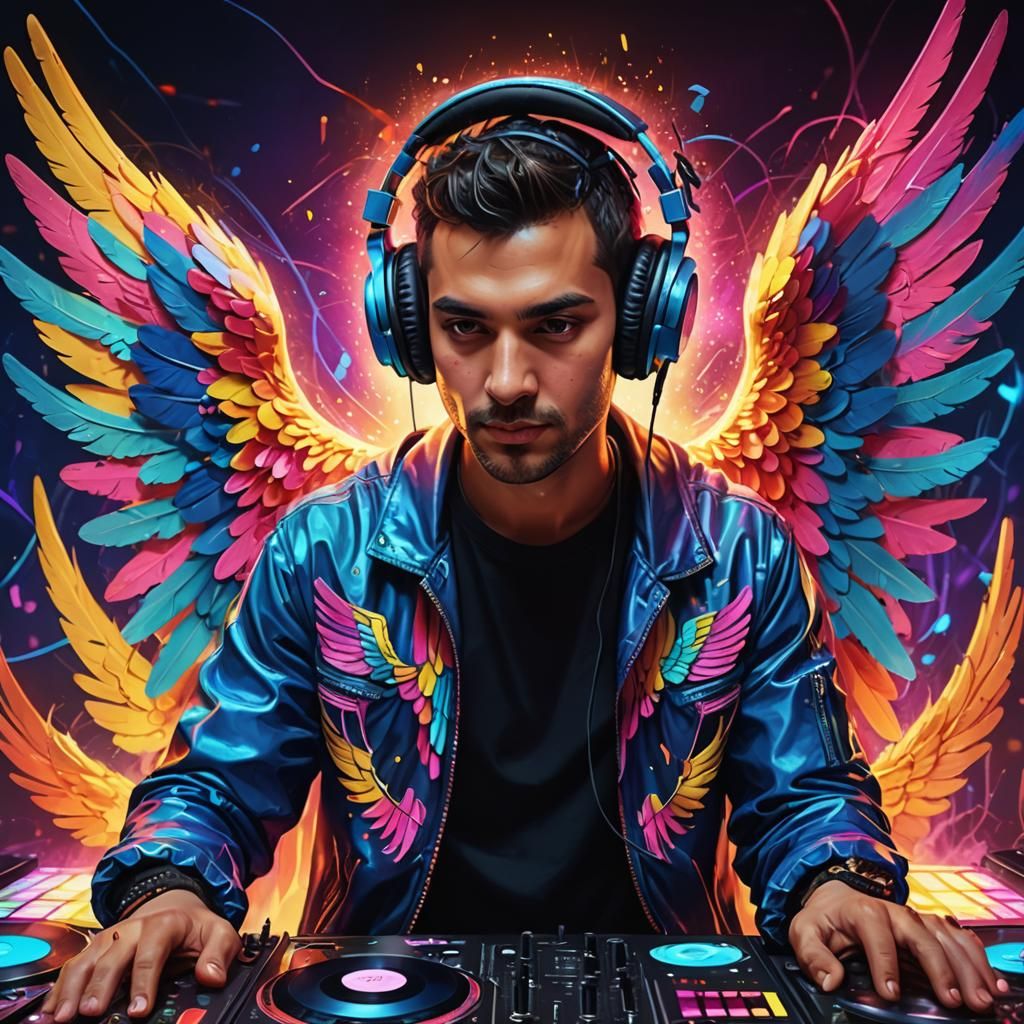 Rave DJ with Angel Wings in Metallic Digital Art