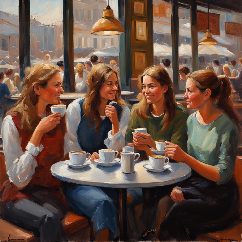Female Friends Enjoying Coffee: Oil Painting Style