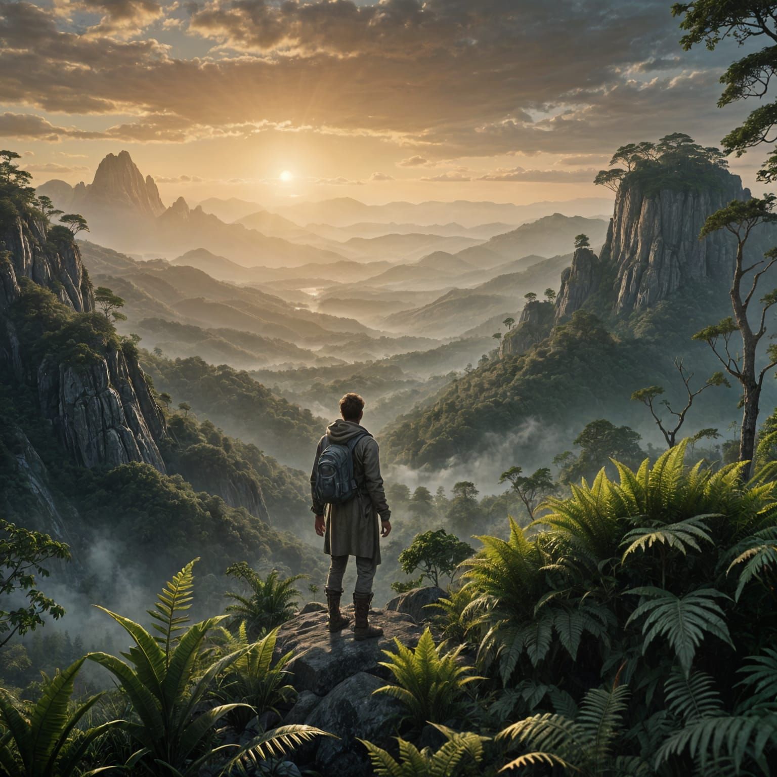 Futuristic Druid Gazing at Prehistoric Valley