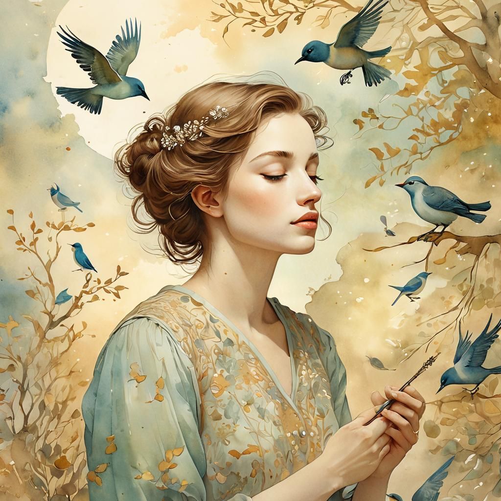 Dreamy Watercolor Illustration of Woman with Birds