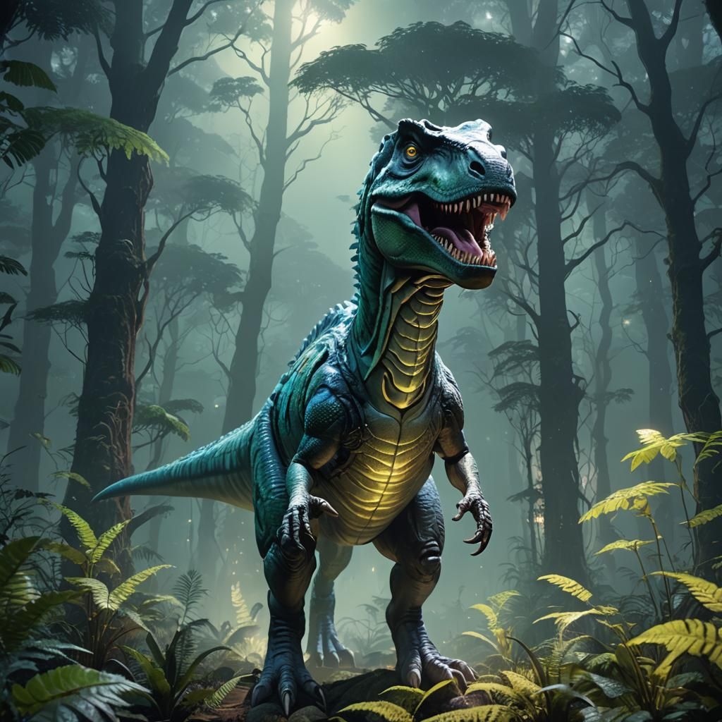 T-Rex in Bioluminescent Forest: 3D Anime Art
