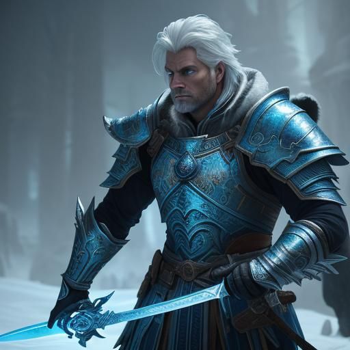 Ice Sword Warrior in Ancient Ruins: Fantasy Art