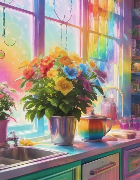 Rainbow Plant in Vintage Kitchen: Digital Illustration