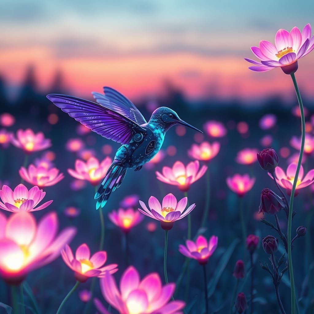 Neon Whimsy: Robotic Hummingbird in a Futuristic Meadow
