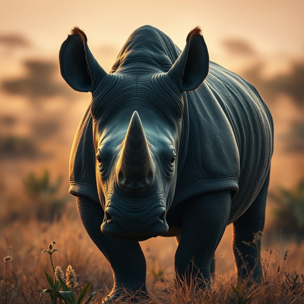 Majestic Black Rhino in Golden African Landscape