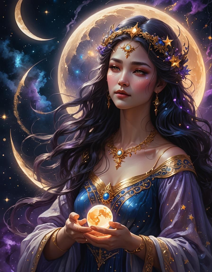 Moon Goddess Scattering Stars: Dark Fantasy Oil Painting