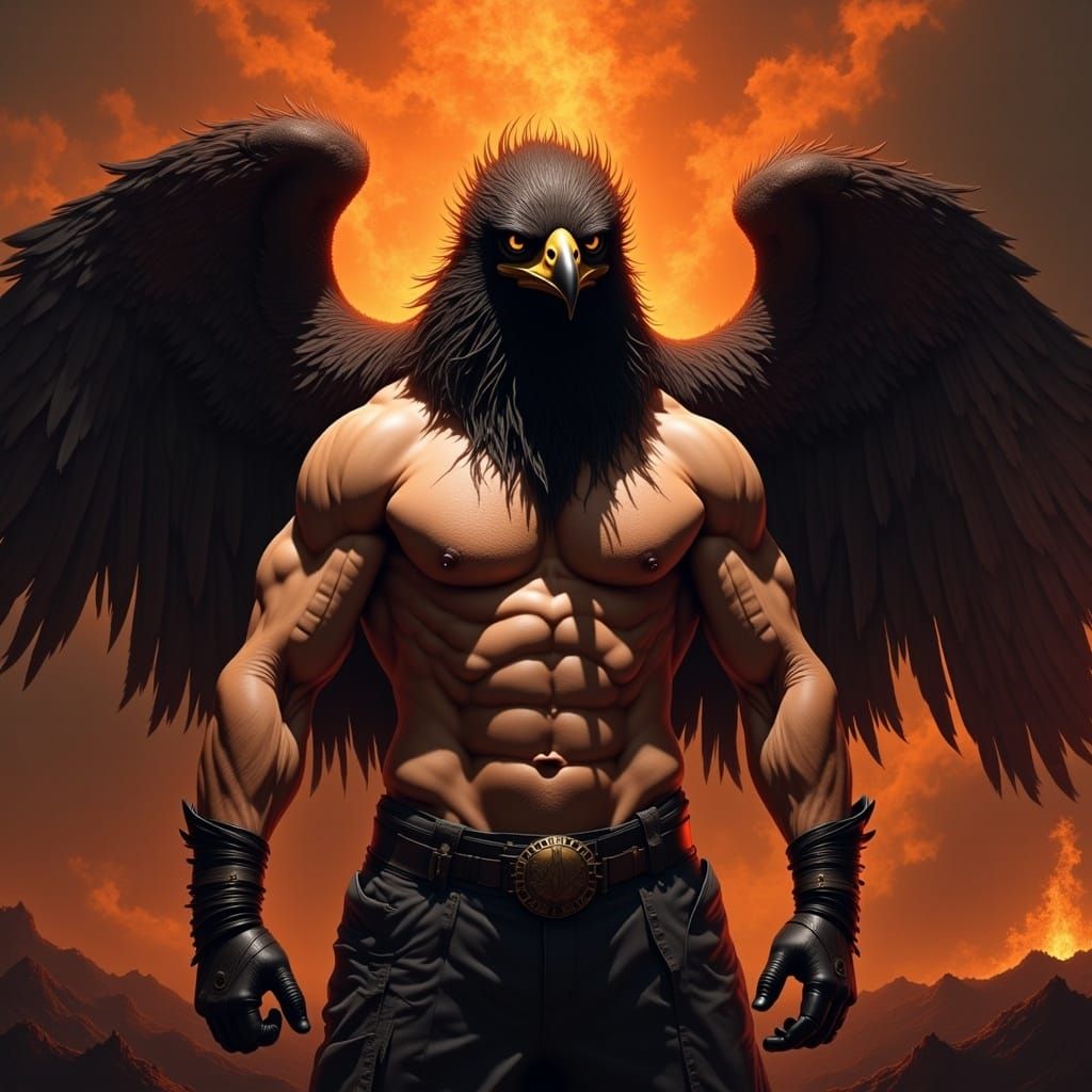 Eagle-Headed Man with Wings in Dark Art Style