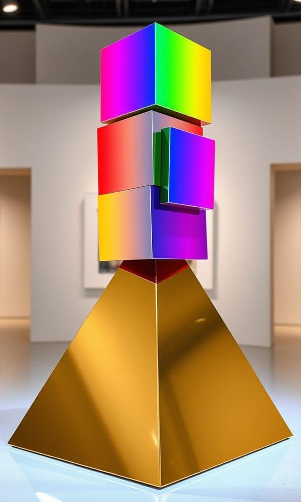 Vibrant Rainbow Cubes Balanced on Golden Pyramid