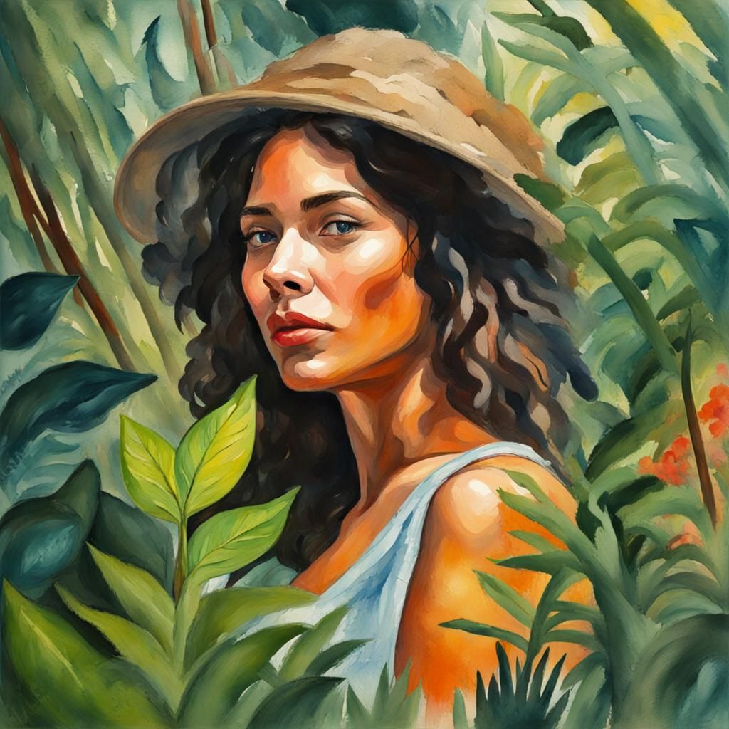 Woman in Jungle, Gouache and Watercolor Style