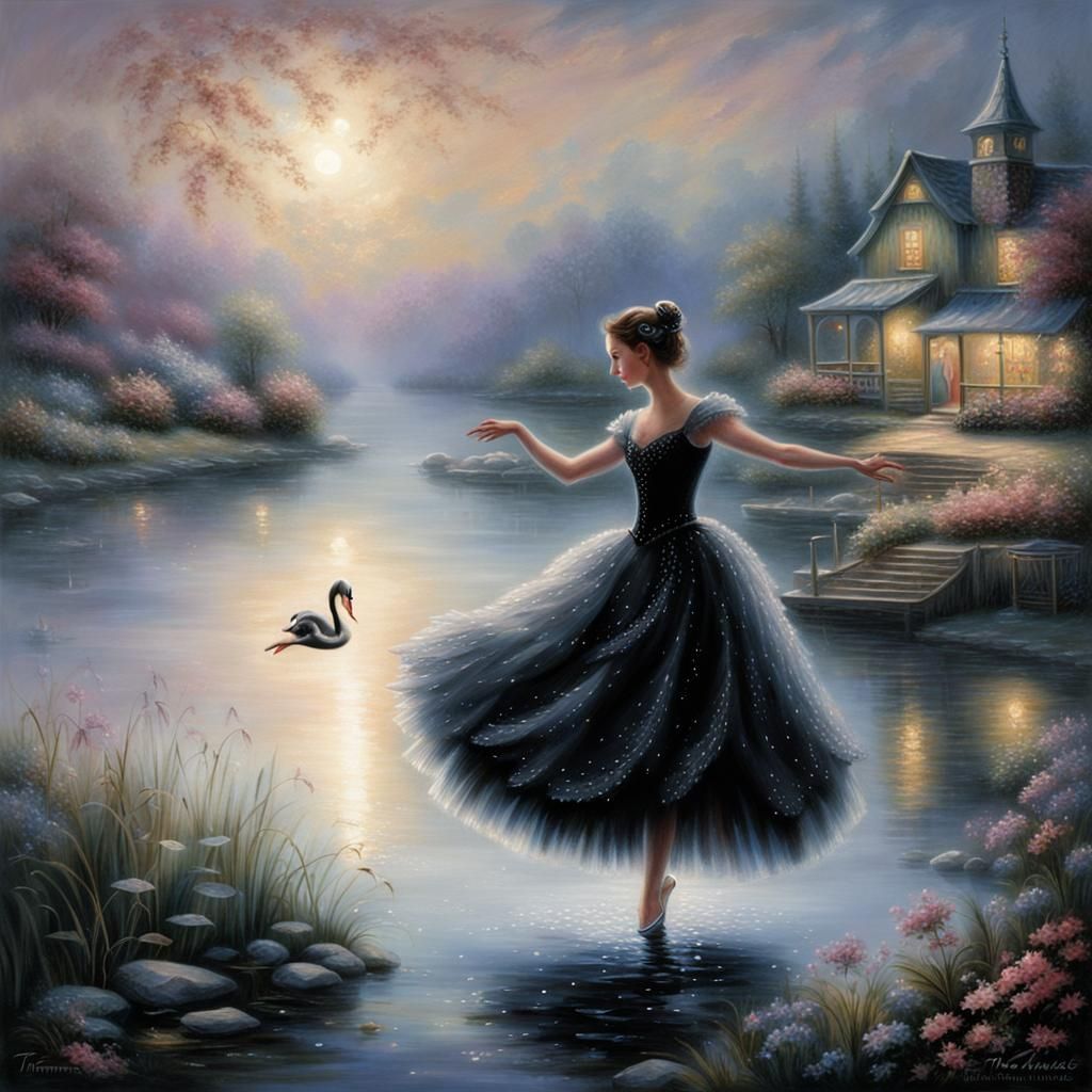 Black Swan Ballerina Dancing by Moonlight Lake