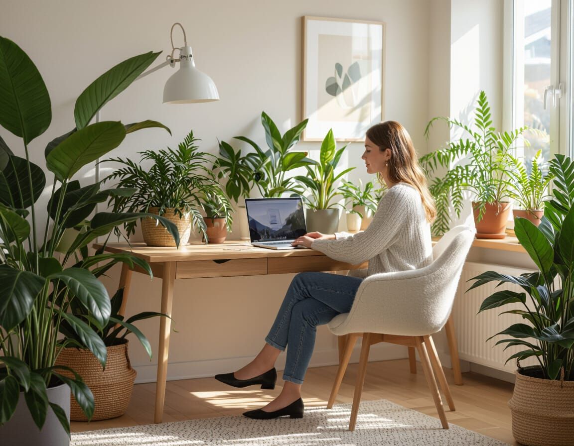 Serene Woman in Minimalist Scandinavian Home Office