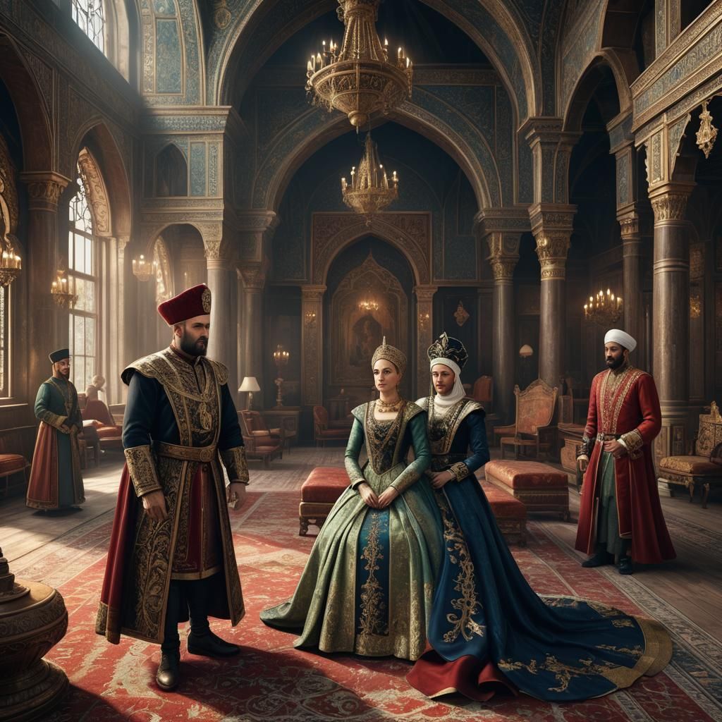Hürrem Sultan and Suleiman in Palace: Detailed Digital Paint...