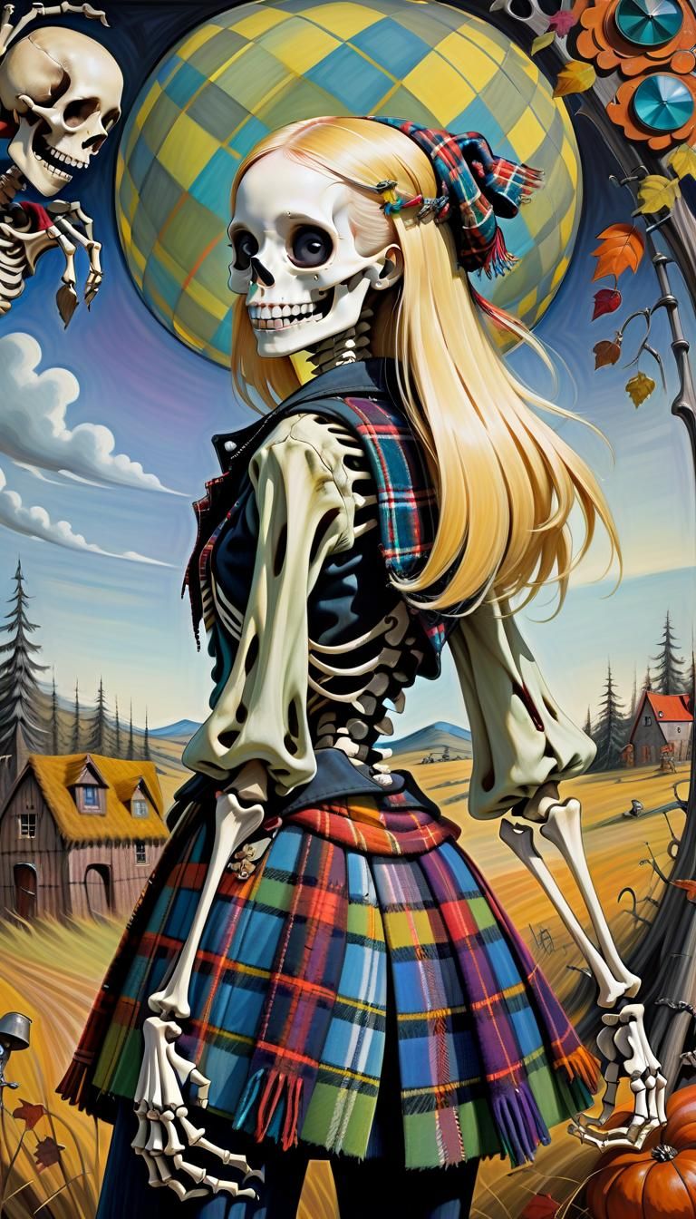 Plaid Fashion Skeleton Portrait in Art Brut Style