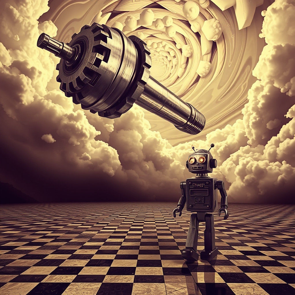 Surreal Dreamscape with Antique Drill and Robot