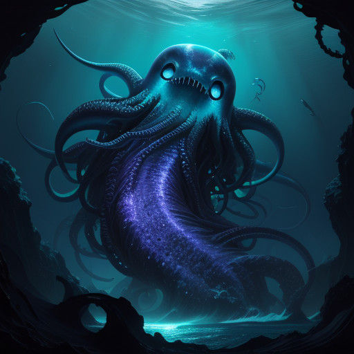 Giant Squid Emerges from Dark Ocean Depths in Bioluminescent...