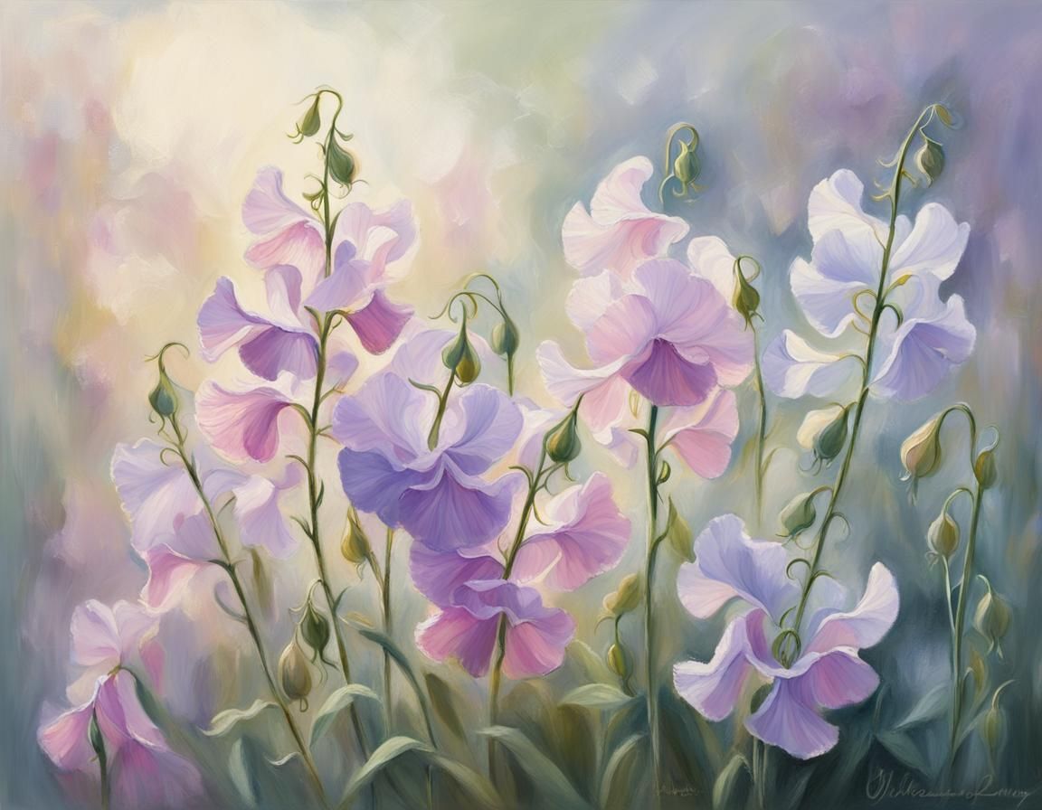 Impressionist Sweet Peas in Foggy Golden Hour