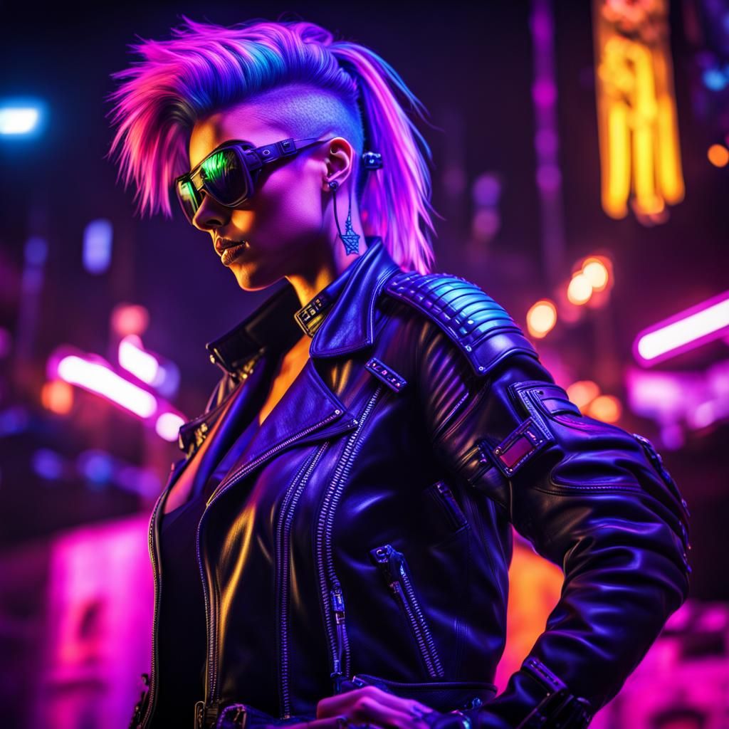 black light biker girl, ultraviolet, ultra violet art, mohawk, cyberpunk, shadowrun, rave, glow