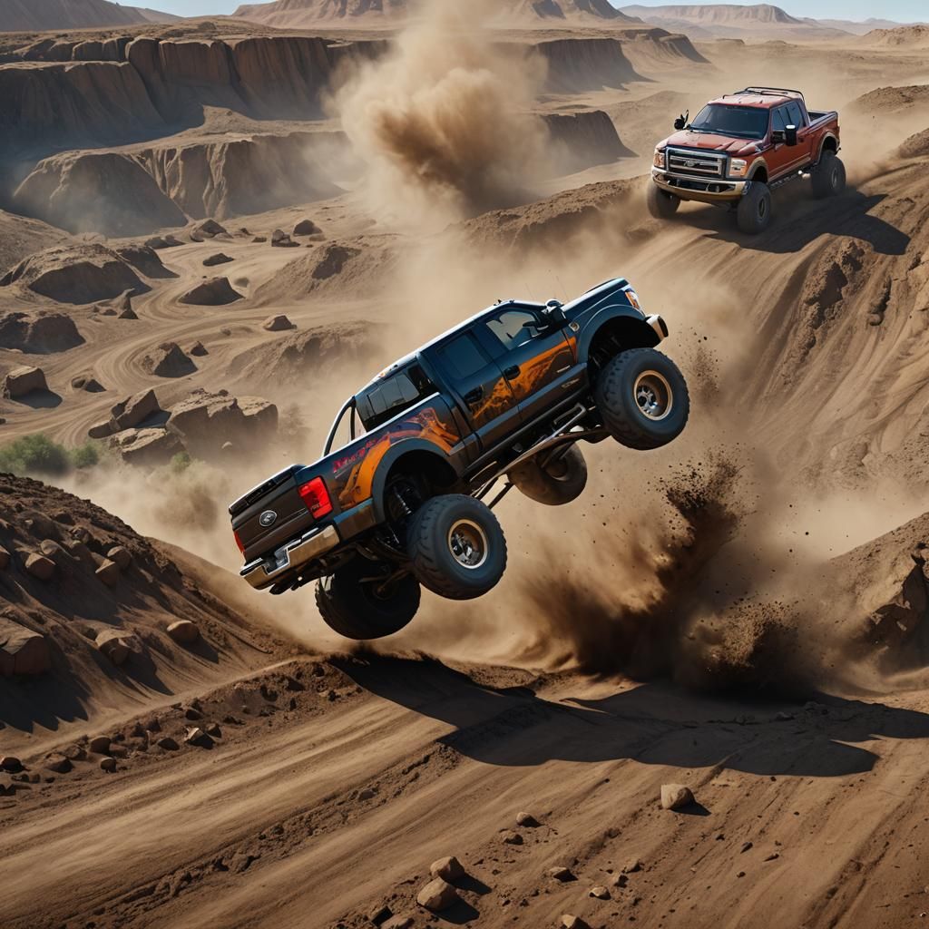 Ford F350 Jumps Dirt Ramp: Matte Painting