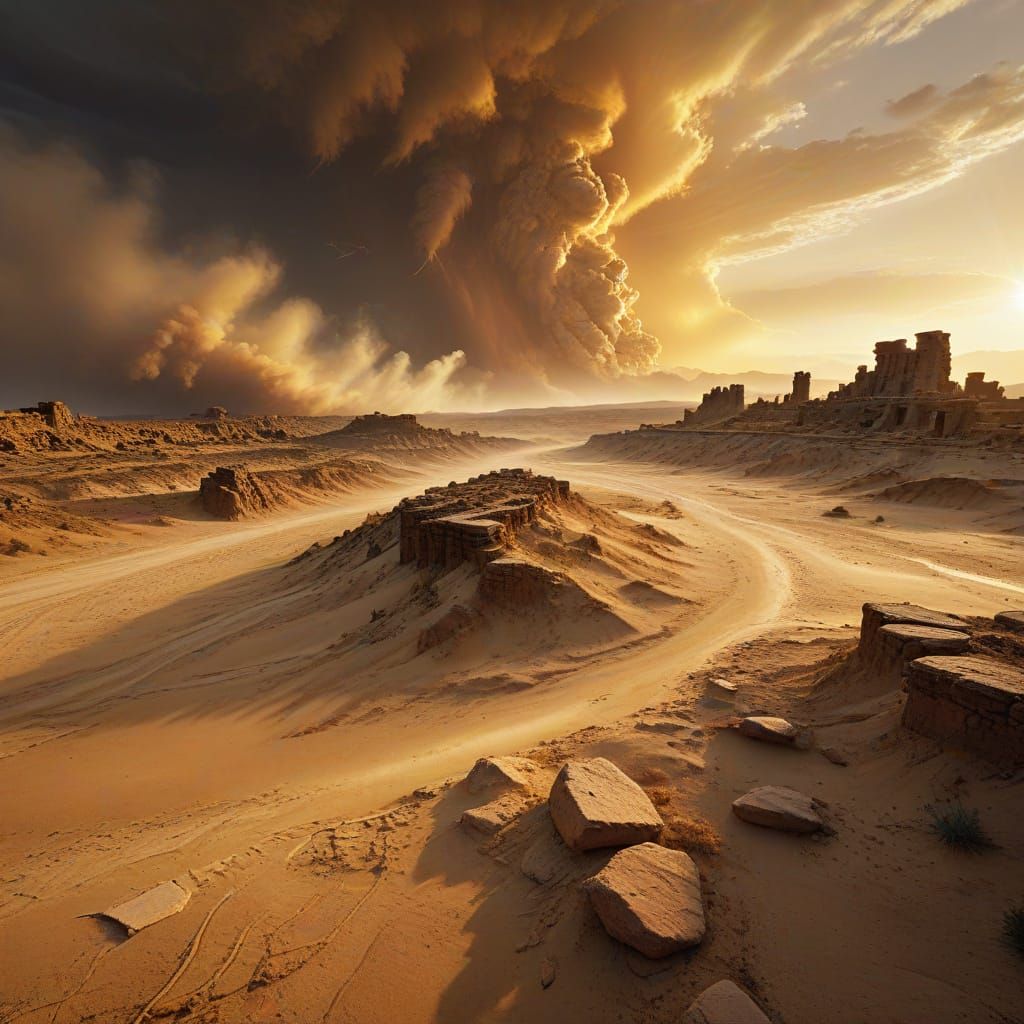 Hyperrealistic Dust Storm Engulfs Barren Landscape
