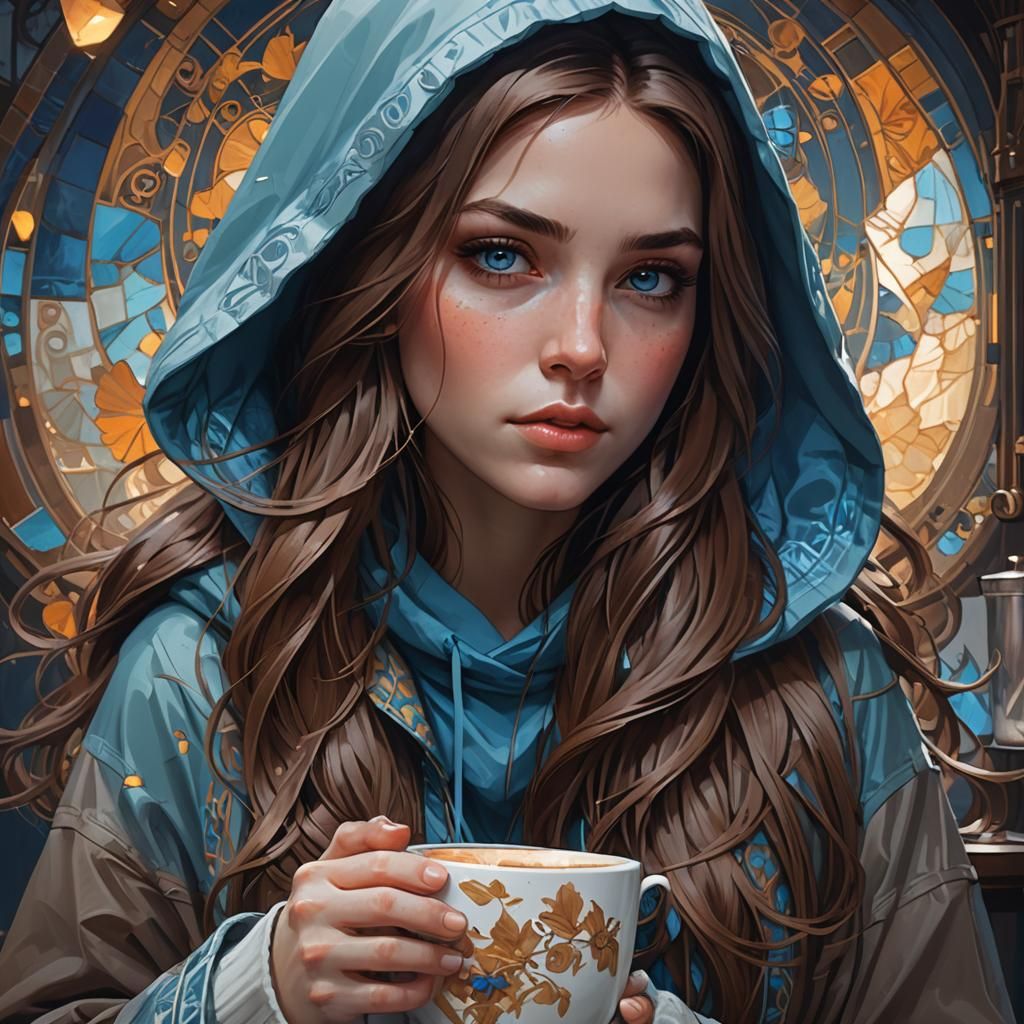 Girl with Hoodie Drinking Coffee: Hyperdetailed Portrait