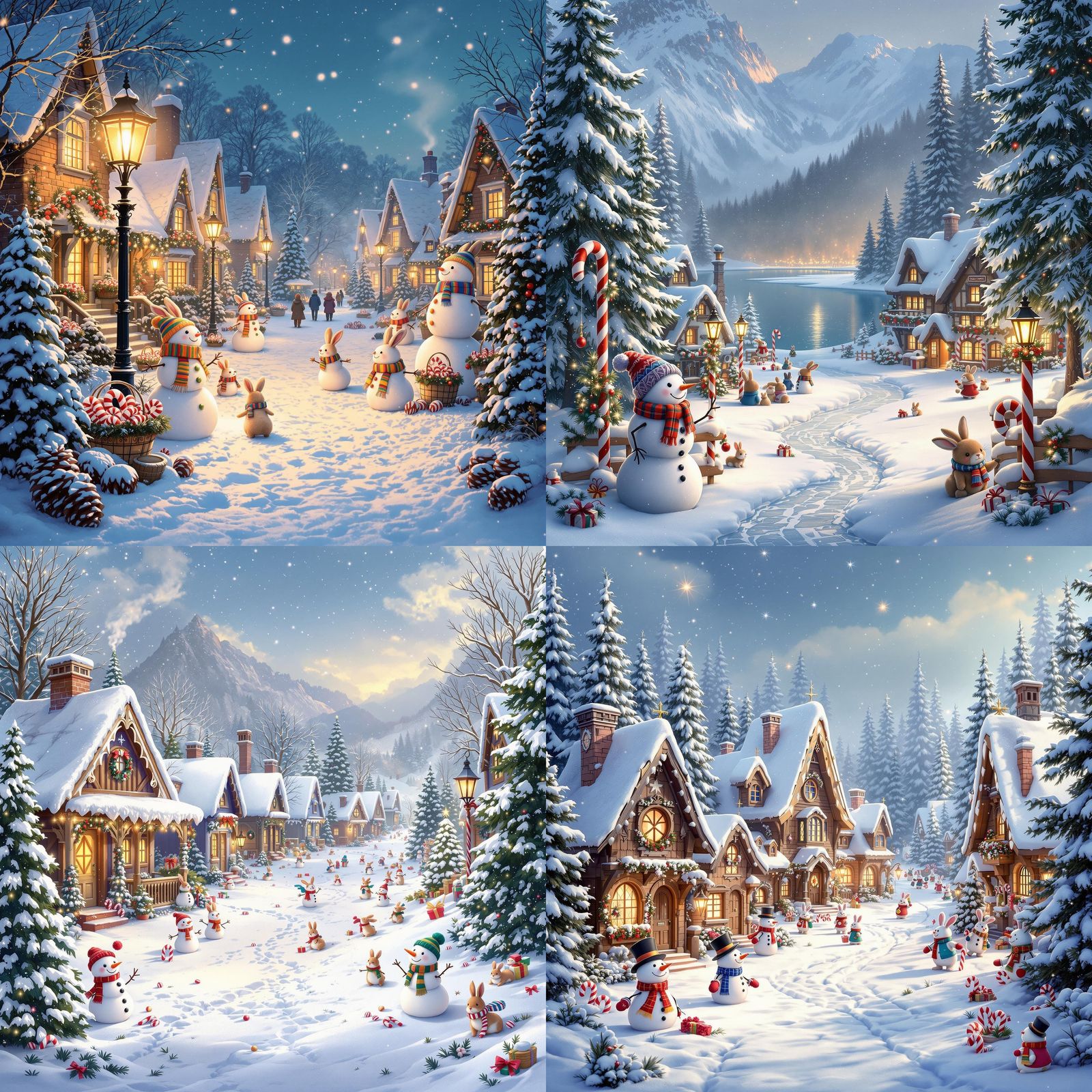 Charming Christmas Village with Snowmen and Rabbits