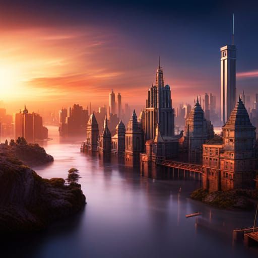 Sunrise Over City: Detailed Matte Painting