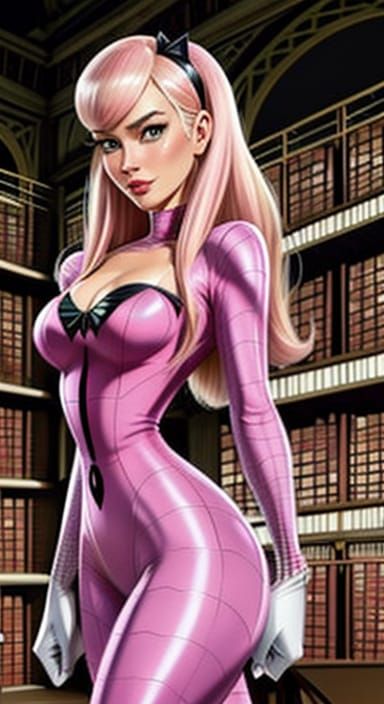 Gwen Stacy as a Pink Panther in a Haunted Library