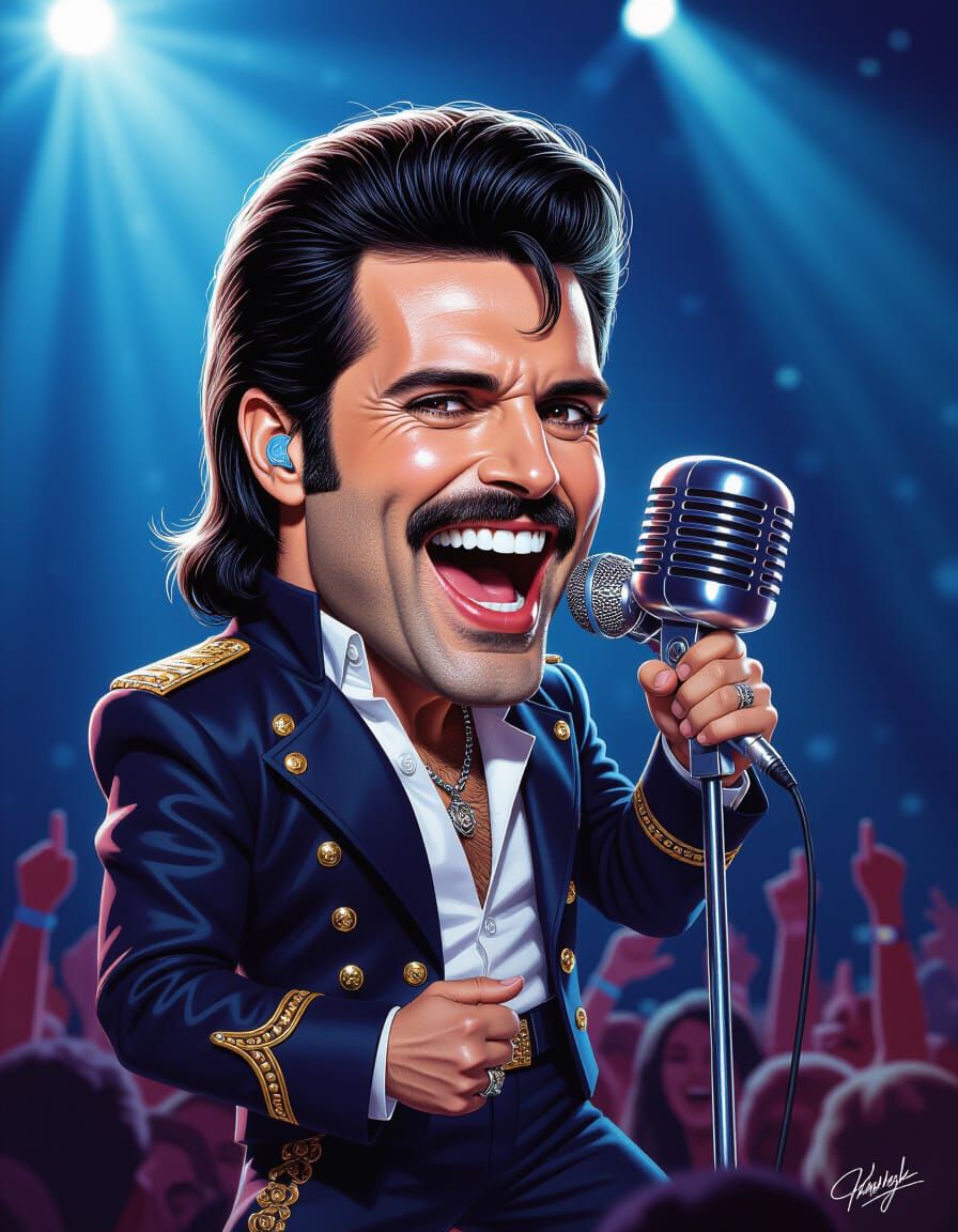 Exaggerated Caricature of Freddie Mercury Mid-Performance