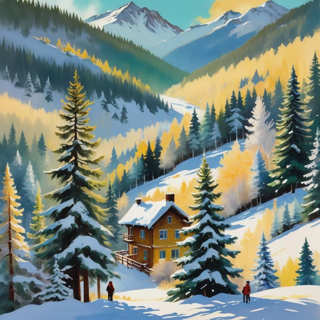 Winter Mountain Retreat in Gouache Style